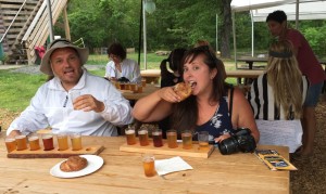 Bloggers trying out a flight of Paradox Brewery beer and pretzels in Schroon Lake.