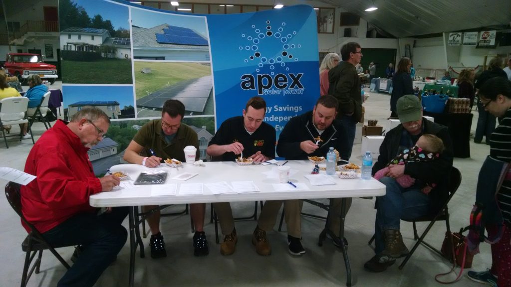 Nice job if you can get it: judges for the Mayor's Poutine Challenge: L – R Rick LeVitre, Cornell Cooperative Extension, Mayor Joe Riccio, Village of Malone, DJ Canon, Mayor DJ with Martz Communications and Chris Cordes with Cordes Software.