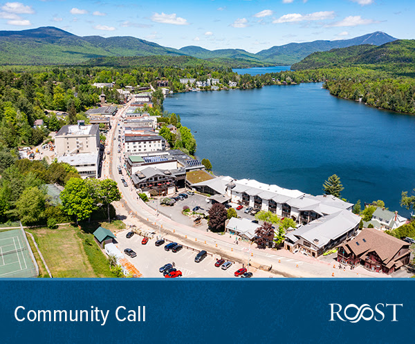 Aerial view of Main Street Lake Placid and Mirror Lake during the spring construction.