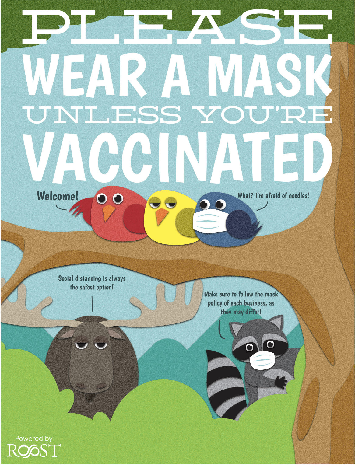 The Friendly Adirondack animals say, please wear a mask unless you are vaccinated