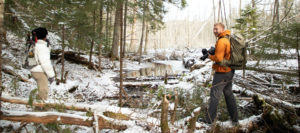 ROOST Videographer, Eric Adsit, work with a model in the Adirondacks. Winter.