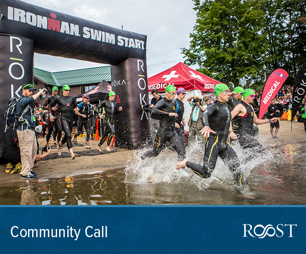 Image of athletes at the Ironman Lake Placid swim start. Text overlay "Community Call."