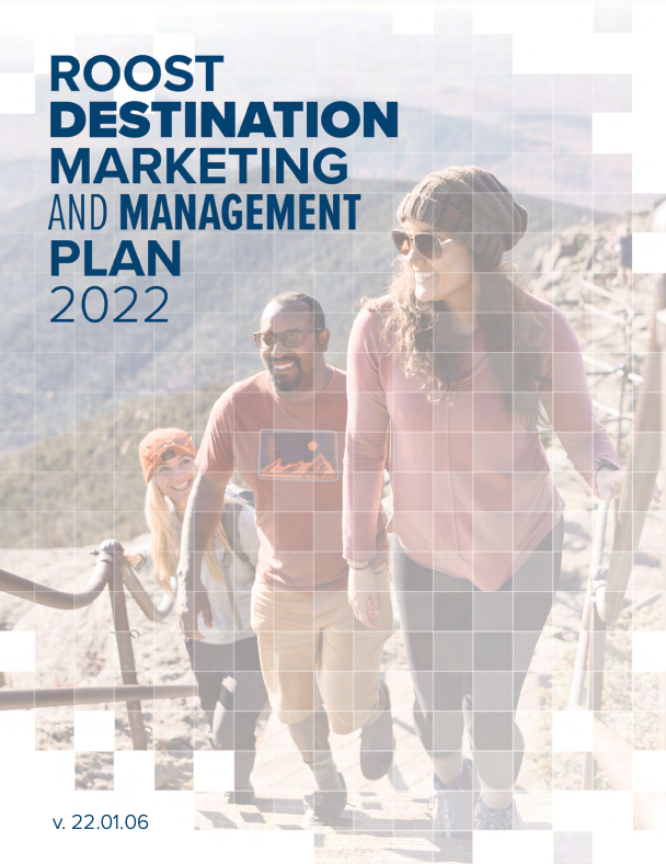 Cover of the 2022 ROOST Destination Marketing and Management Plan. Image of three friends climbing the stone staircase on to the top of Whiteface Mountain.